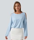 Quick Dry Boat Neck Cold Shoulder Long Sleeve Yoga Sports Top — Baby Blue — view 3