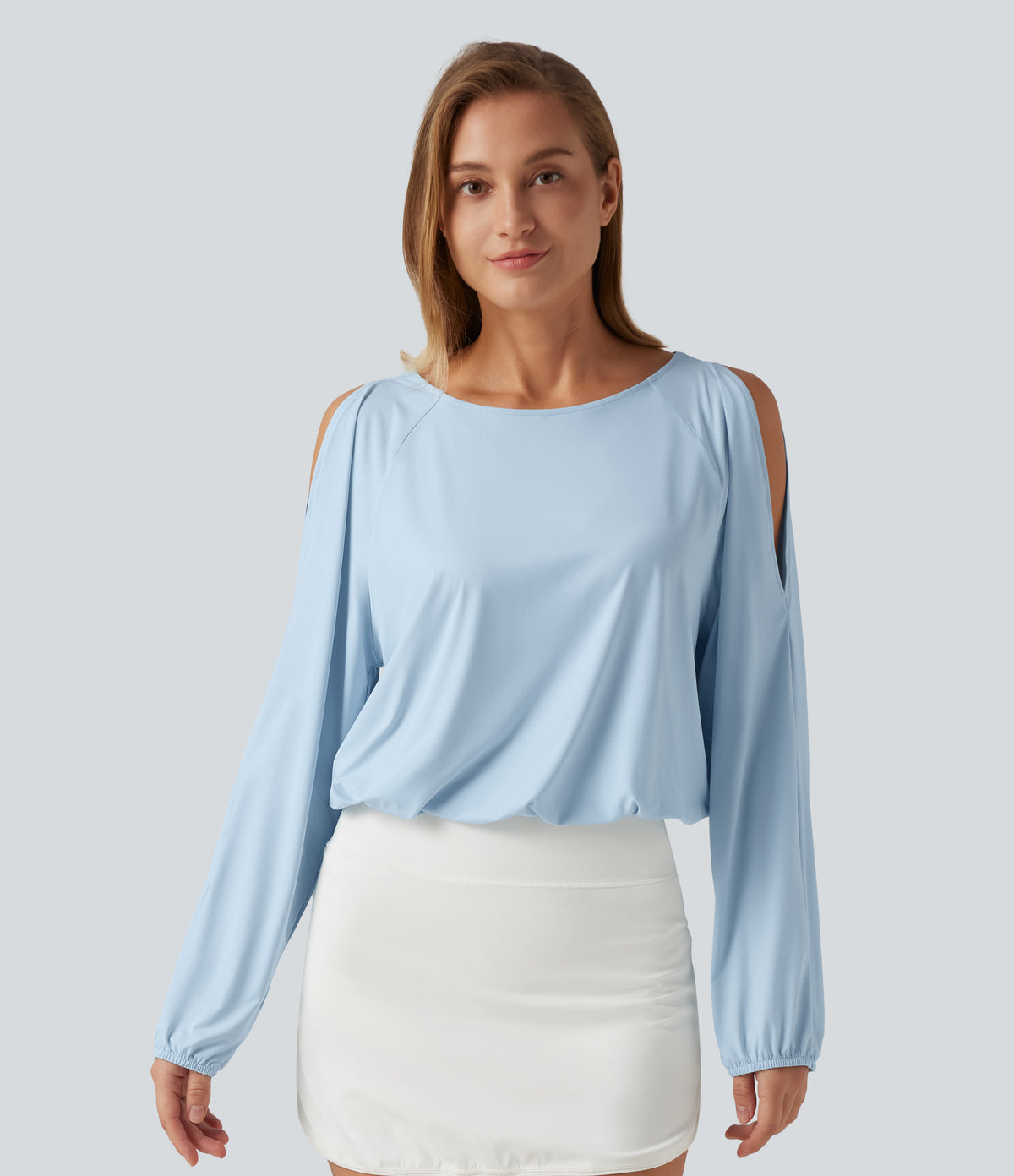 Quick Dry Boat Neck Cold Shoulder Long Sleeve Yoga Sports Top — Baby Blue — view 3