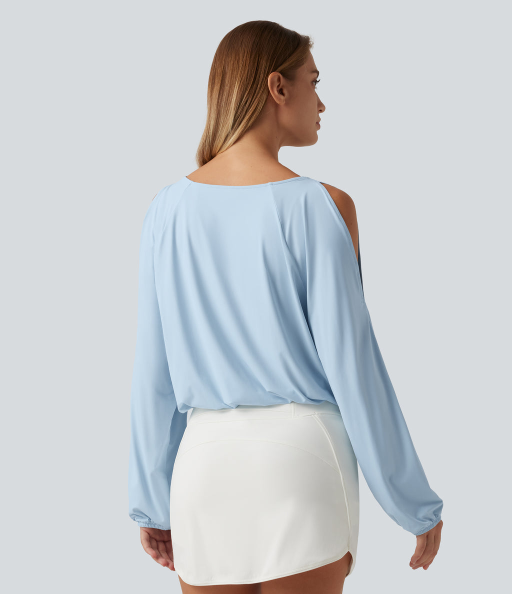 Quick Dry Boat Neck Cold Shoulder Long Sleeve Yoga Sports Top — Baby Blue — view 2