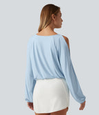 Quick Dry Boat Neck Cold Shoulder Long Sleeve Yoga Sports Top — Baby Blue — view 2