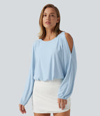 Quick Dry Boat Neck Cold Shoulder Long Sleeve Yoga Sports Top — Baby Blue — view 1