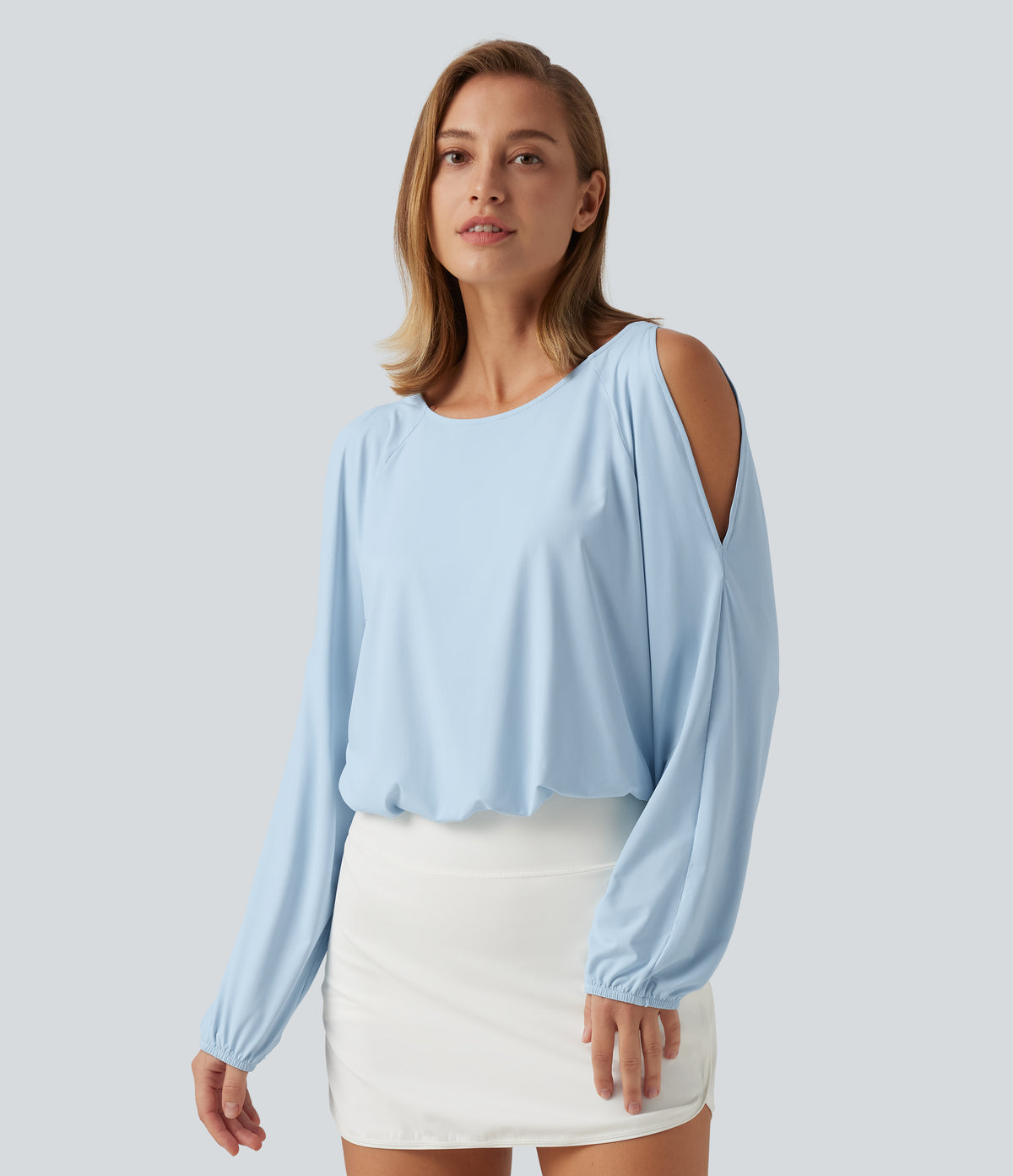 Quick Dry Boat Neck Cold Shoulder Long Sleeve Yoga Sports Top — Baby Blue — view 1