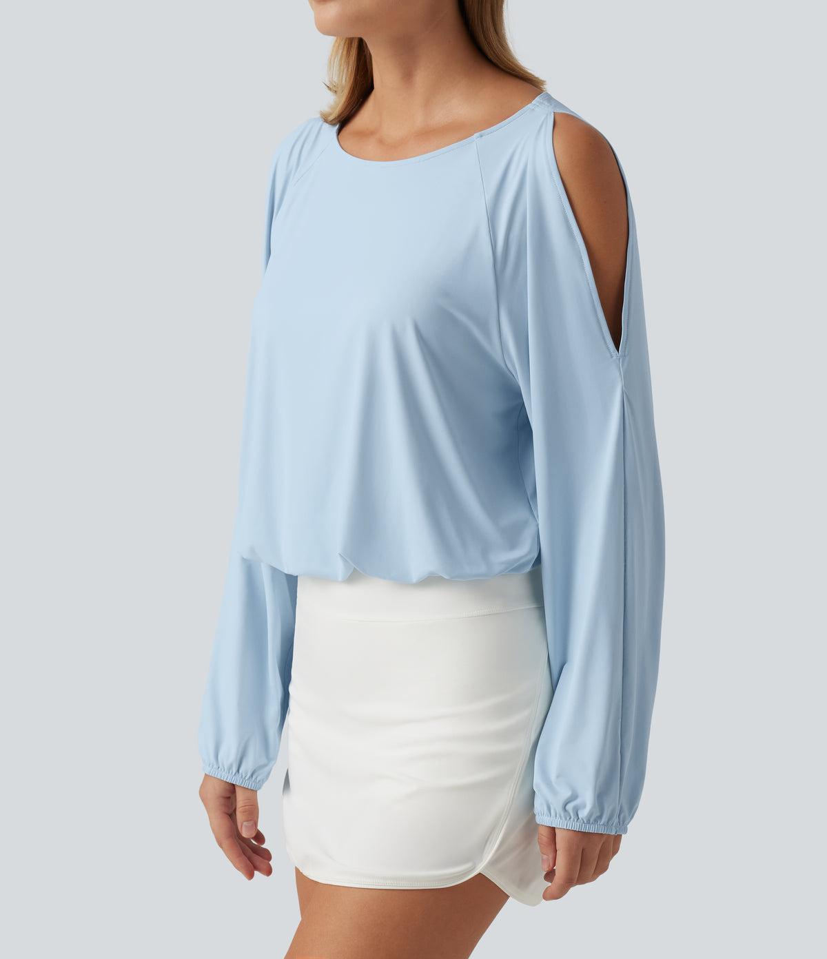 Quick Dry Boat Neck Cold Shoulder Long Sleeve Yoga Sports Top — Baby Blue — view 5