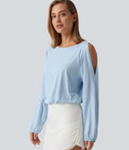 Quick Dry Boat Neck Cold Shoulder Long Sleeve Yoga Sports Top — Baby Blue — view 4