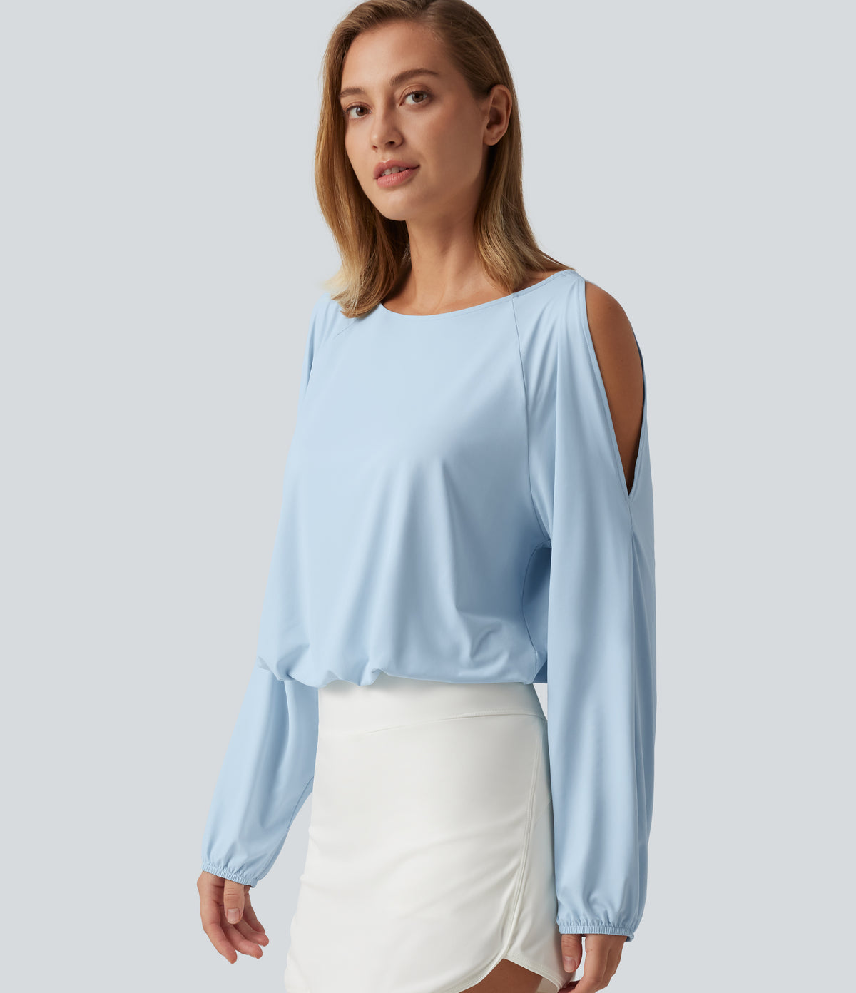 Quick Dry Boat Neck Cold Shoulder Long Sleeve Yoga Sports Top — Baby Blue — view 4