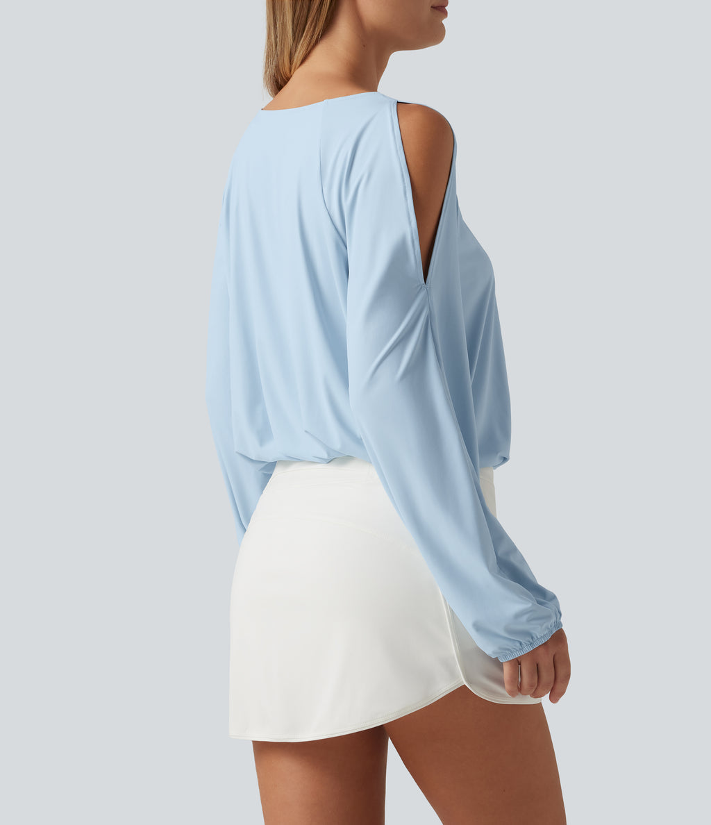 Quick Dry Boat Neck Cold Shoulder Long Sleeve Yoga Sports Top — Baby Blue — view 6