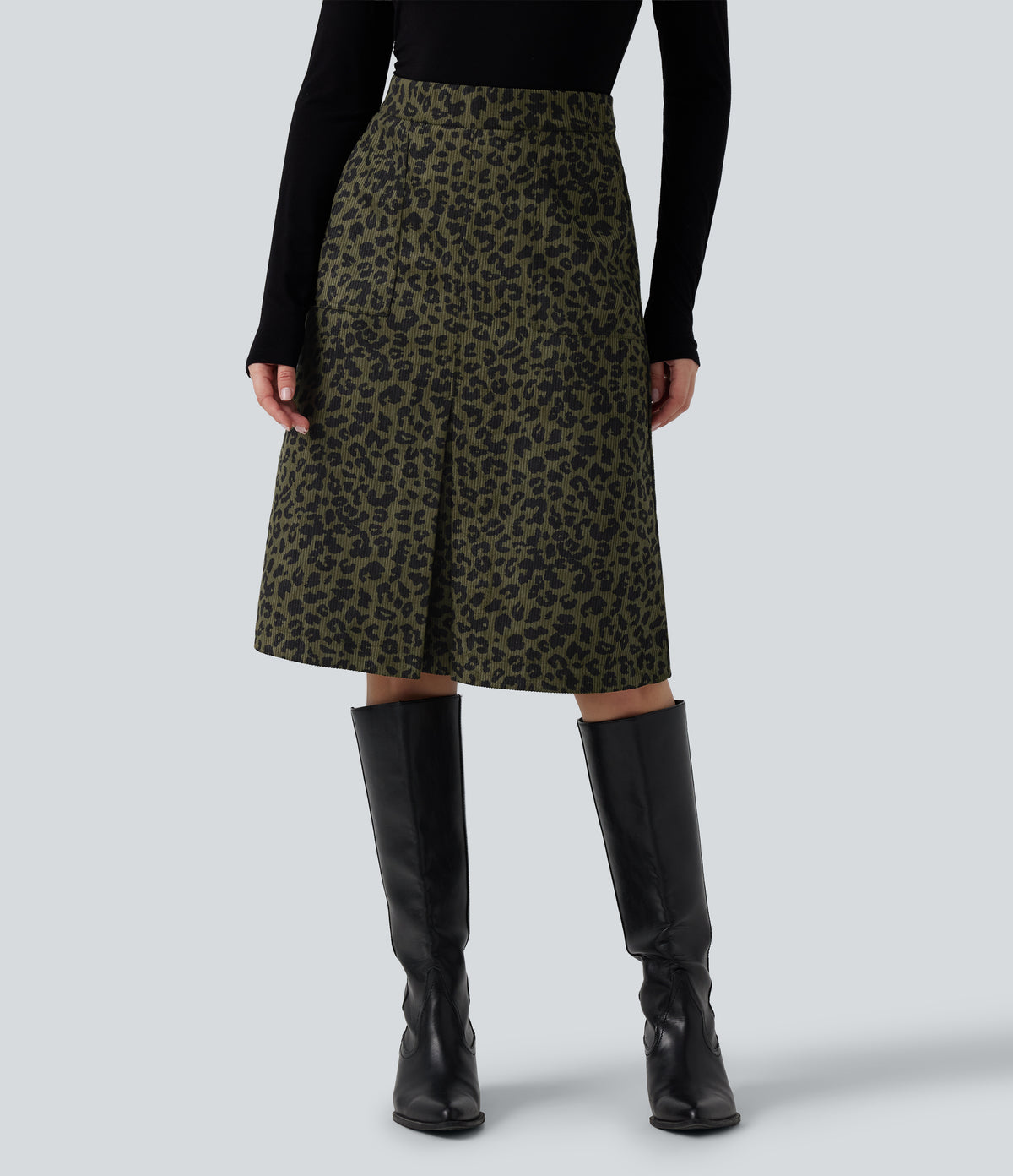 High Waisted Leopard Print Corduroy Casual Midi Skirt with Pockets — Big Forest Cat — view 1