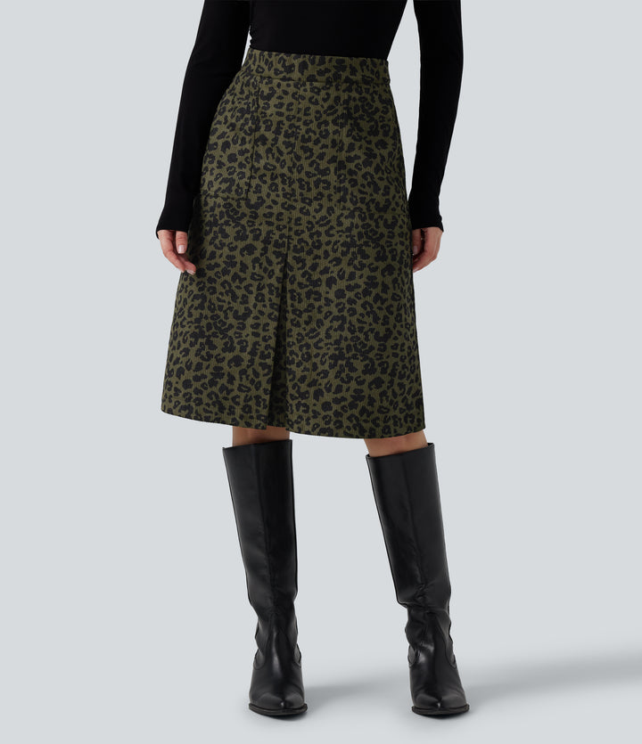 High Waisted Leopard Print Corduroy Casual Midi Skirt with Pockets — Big Forest Cat — view 1