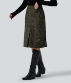 High Waisted Leopard Print Corduroy Casual Midi Skirt with Pockets — Big Forest Cat — view 3