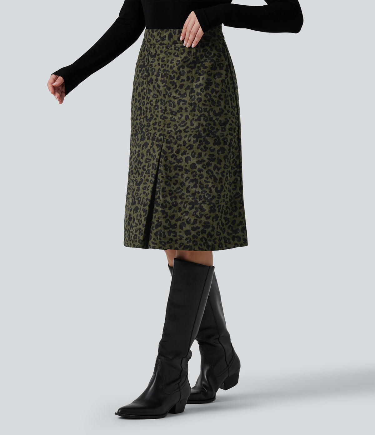 High Waisted Leopard Print Corduroy Casual Midi Skirt with Pockets — Big Forest Cat — view 3
