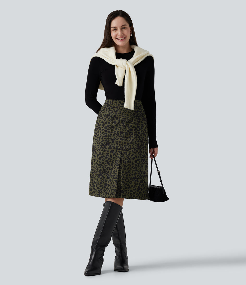 High Waisted Leopard Print Corduroy Casual Midi Skirt with Pockets — Big Forest Cat — view 6