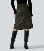 High Waisted Leopard Print Corduroy Casual Midi Skirt with Pockets — Big Forest Cat — view 2