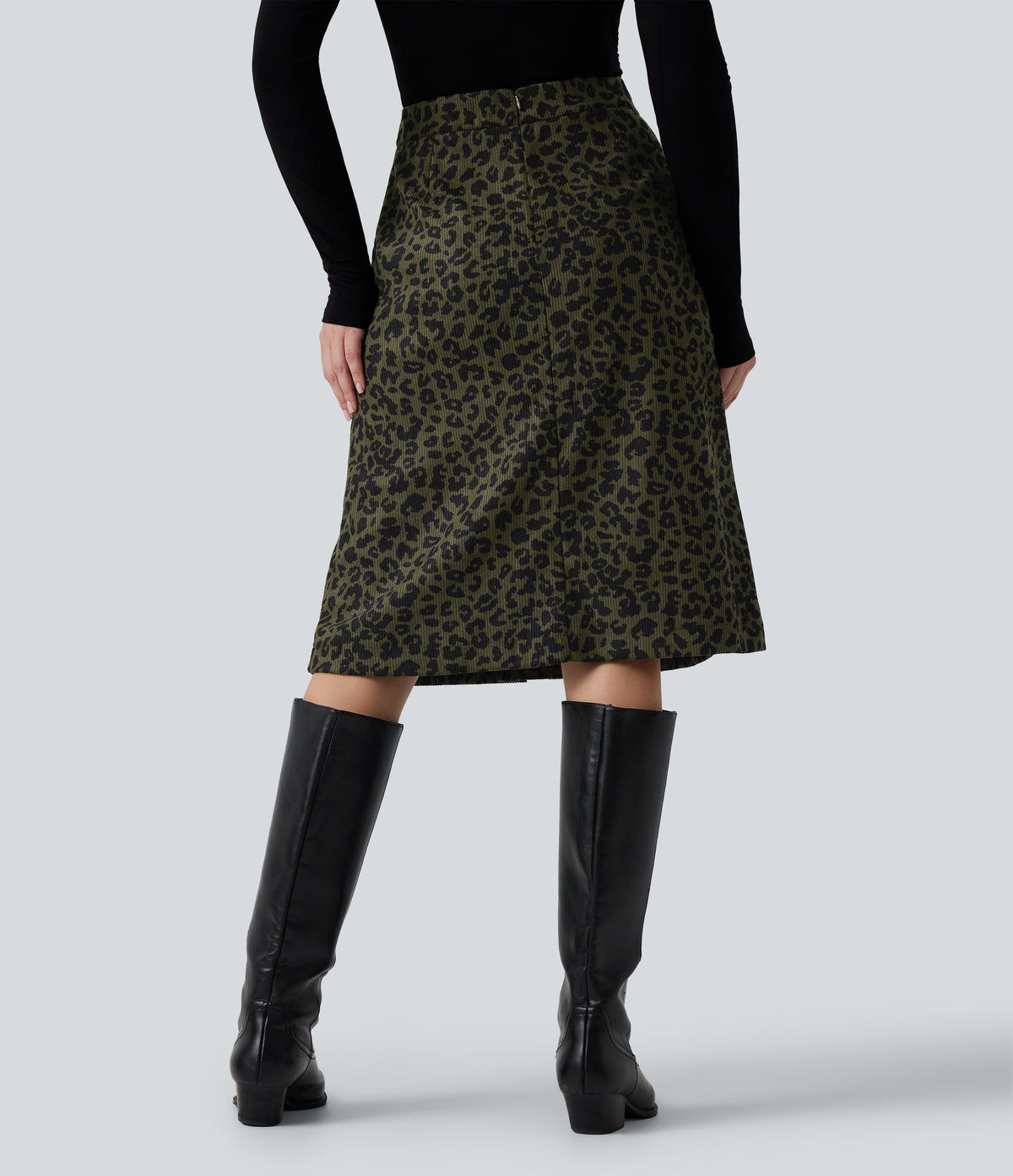 High Waisted Leopard Print Corduroy Casual Midi Skirt with Pockets — Big Forest Cat — view 2