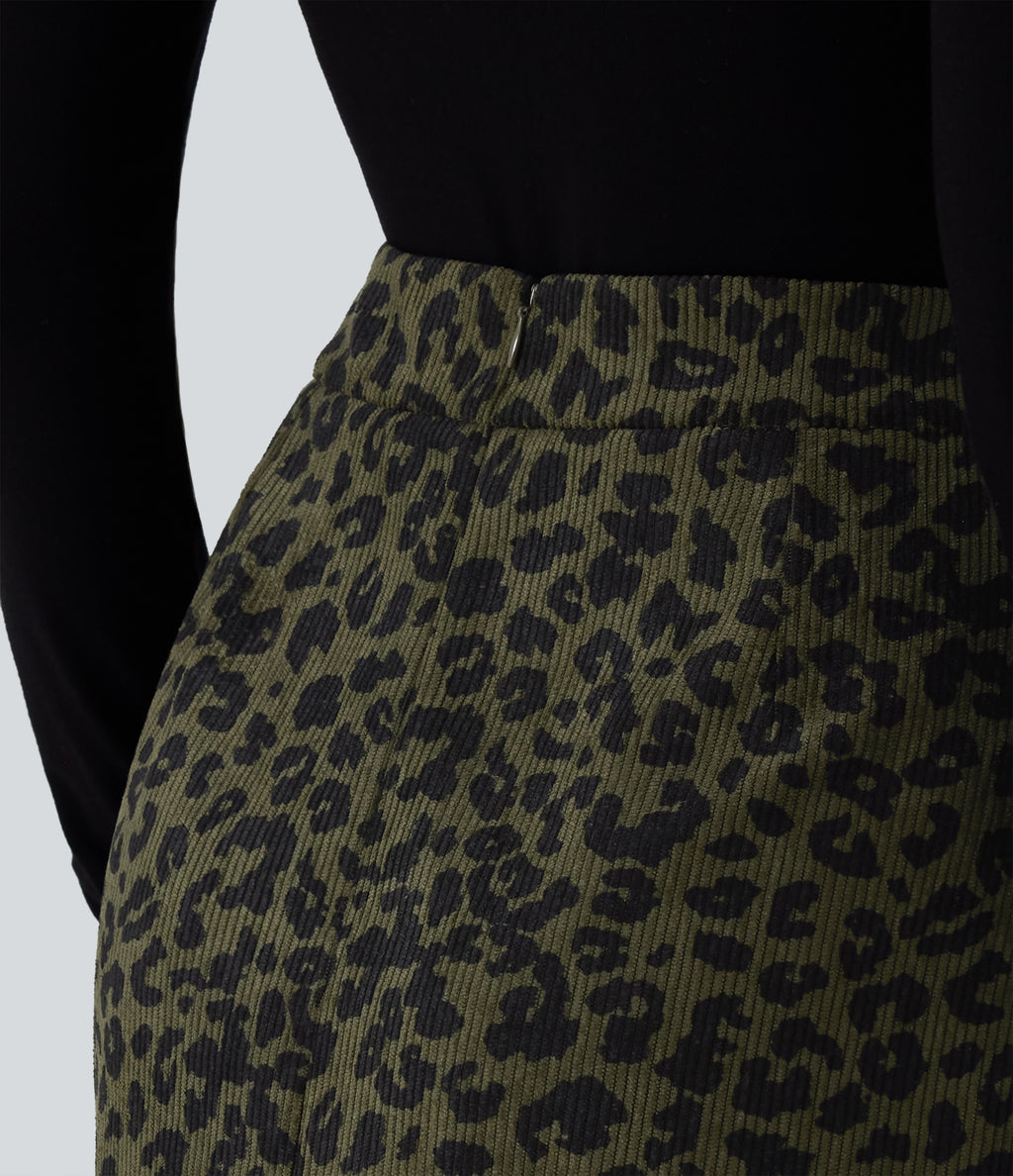 High Waisted Leopard Print Corduroy Casual Midi Skirt with Pockets — Big Forest Cat — view 5
