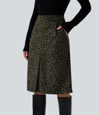 High Waisted Leopard Print Corduroy Casual Midi Skirt with Pockets — Big Forest Cat — view 4