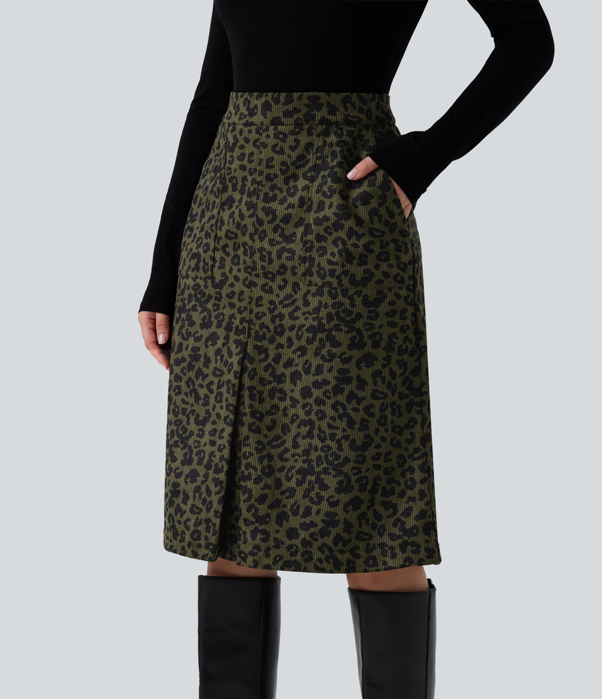 High Waisted Leopard Print Corduroy Casual Midi Skirt with Pockets — Big Forest Cat — view 4