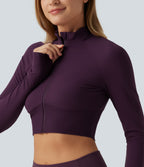 Mock Neck Raglan Long Sleeve Thumb Hole Cropped Yoga Jacket — Italian Plum — view 5