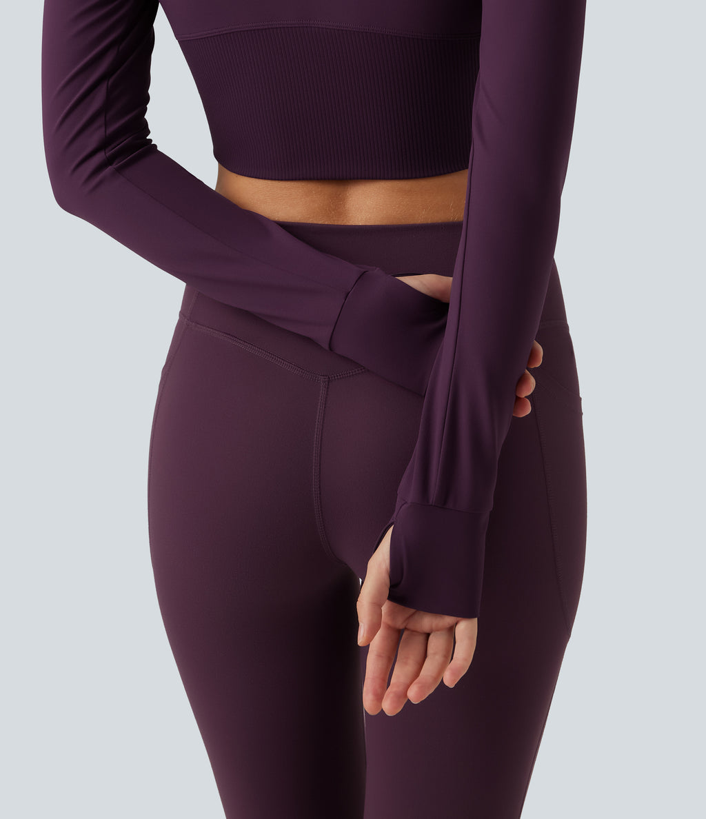 Mock Neck Raglan Long Sleeve Thumb Hole Cropped Yoga Jacket — Italian Plum — view 7