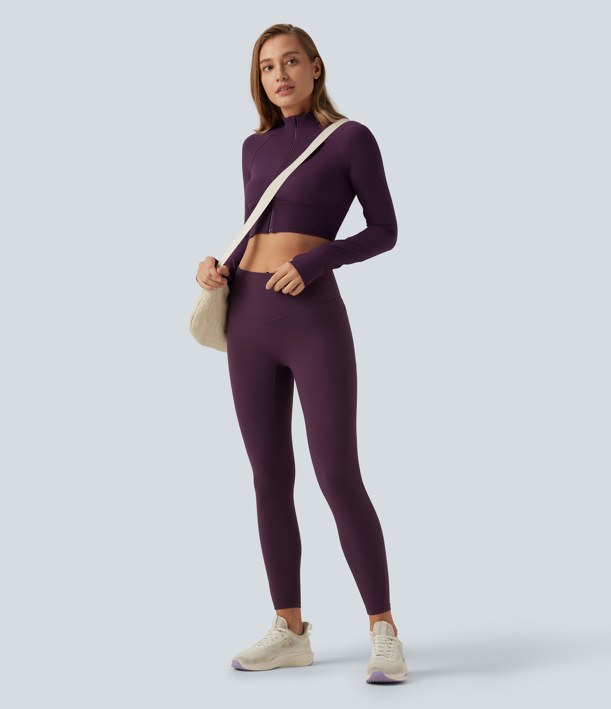 Mock Neck Raglan Long Sleeve Thumb Hole Cropped Yoga Jacket — Italian Plum — view 8