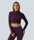 Mock Neck Raglan Long Sleeve Thumb Hole Cropped Yoga Jacket — Italian Plum — view 4