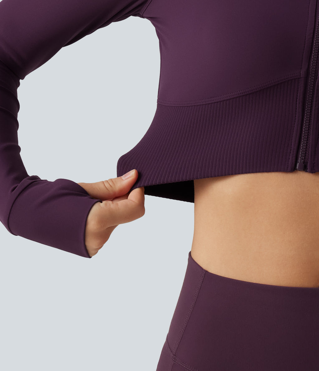 Mock Neck Raglan Long Sleeve Thumb Hole Cropped Yoga Jacket — Italian Plum — view 6
