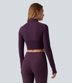 Mock Neck Raglan Long Sleeve Thumb Hole Cropped Yoga Jacket — Italian Plum — view 2