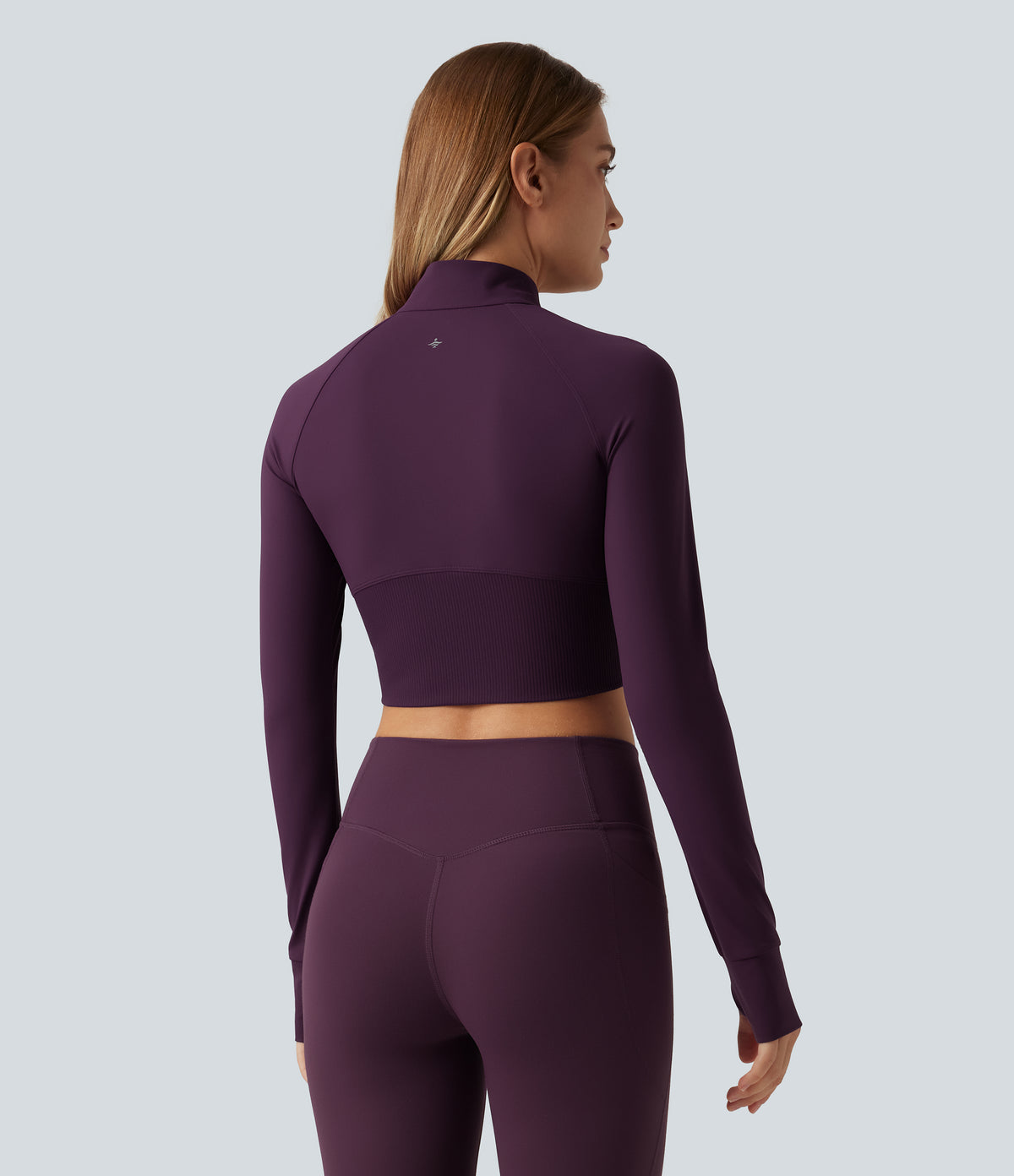 Mock Neck Raglan Long Sleeve Thumb Hole Cropped Yoga Jacket — Italian Plum — view 2