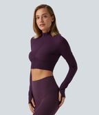 Mock Neck Raglan Long Sleeve Thumb Hole Cropped Yoga Jacket — Italian Plum — view 3