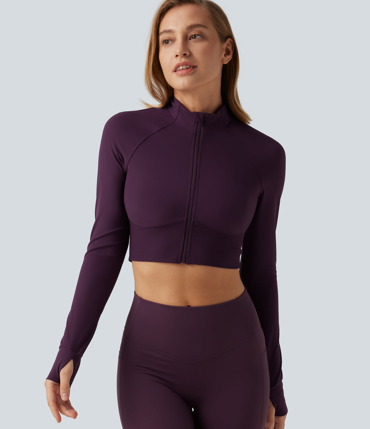 Mock Neck Raglan Long Sleeve Thumb Hole Cropped Yoga Jacket — Italian Plum — view 1