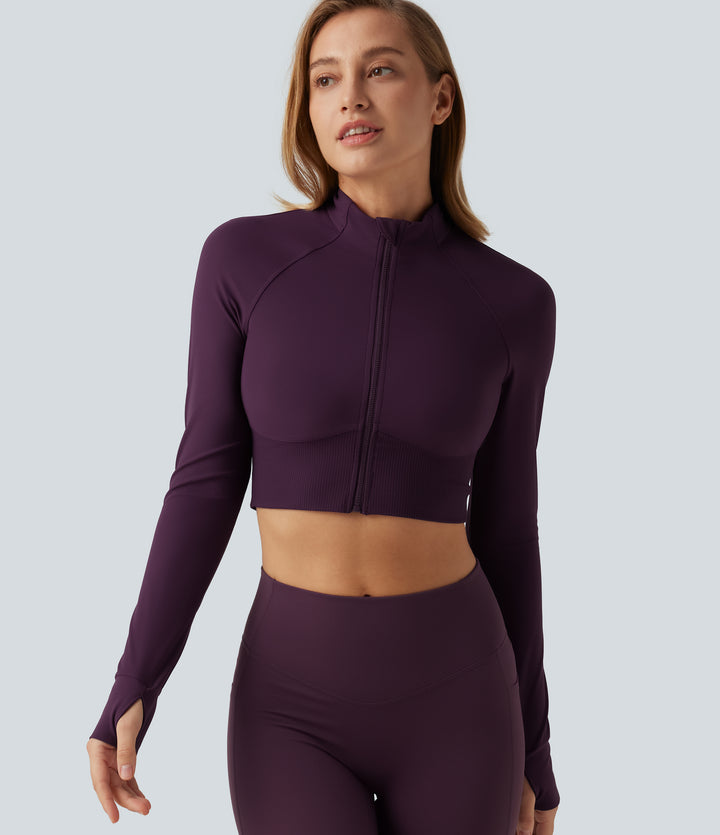 Mock Neck Raglan Long Sleeve Thumb Hole Cropped Yoga Jacket — Italian Plum — view 1