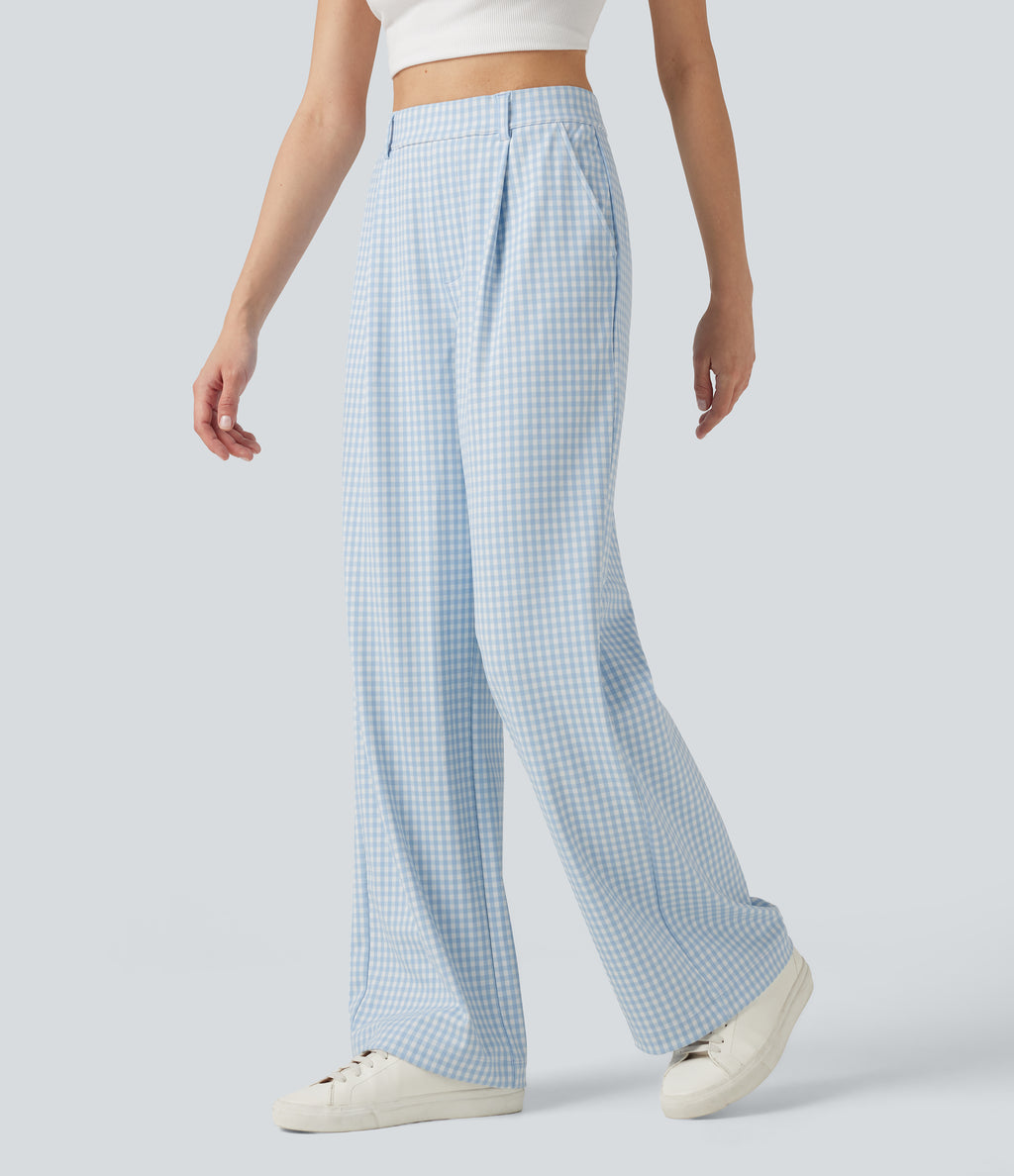 High Waisted Straight Leg Gingham Work Trousers with Pockets — Blueberry Milk Gingham — view 3