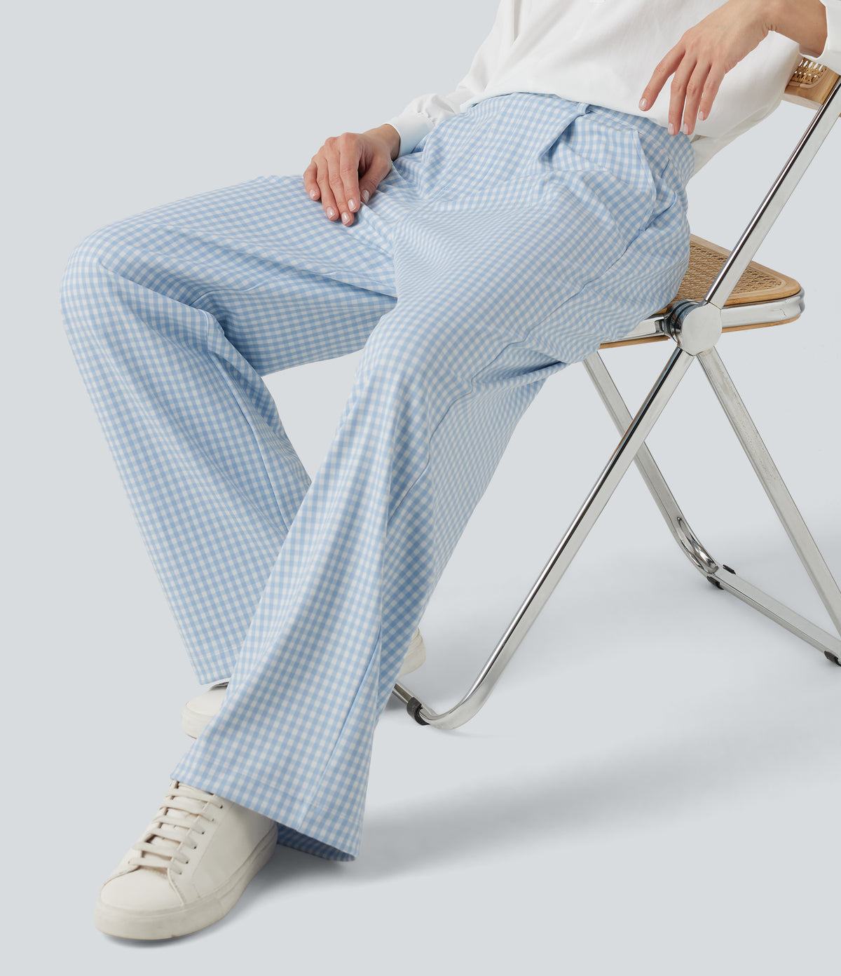 High Waisted Straight Leg Gingham Work Trousers with Pockets — Blueberry Milk Gingham — view 8