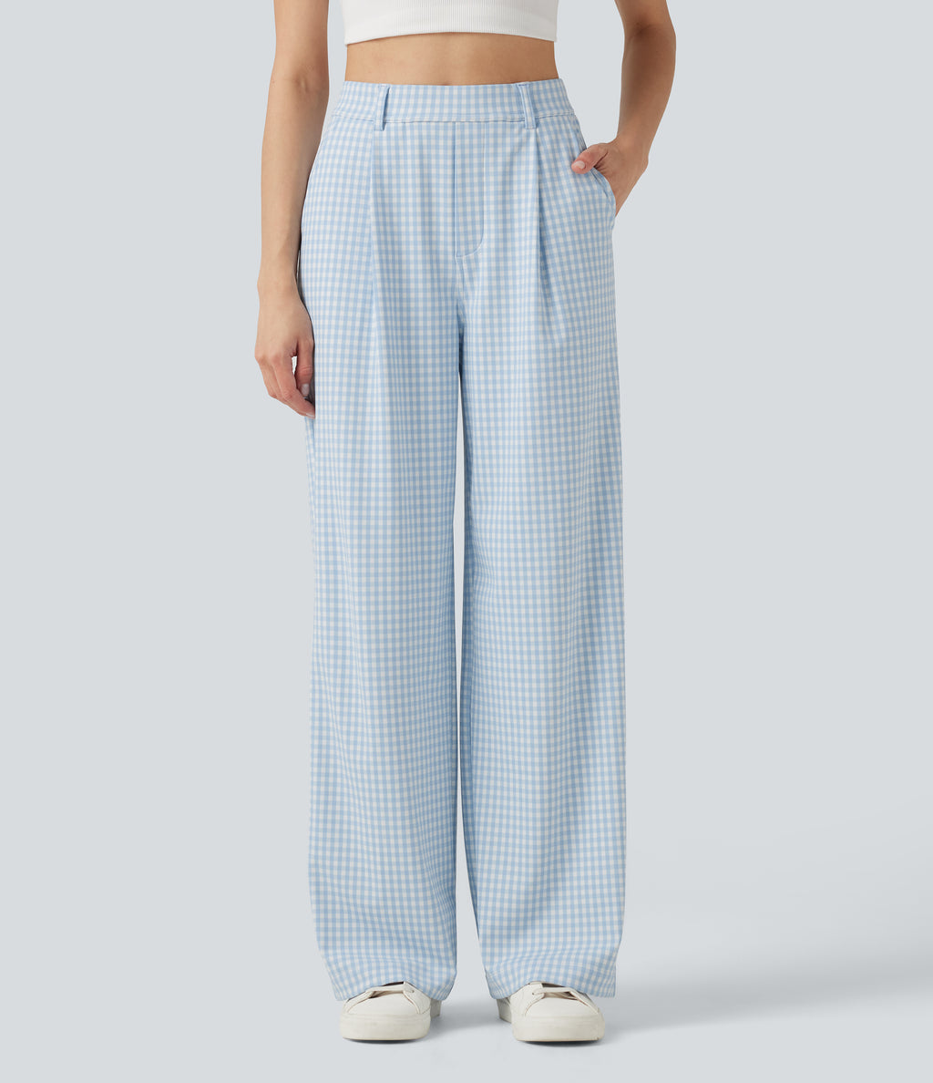 High Waisted Straight Leg Gingham Work Trousers with Pockets — Blueberry Milk Gingham — view 1