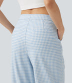 High Waisted Straight Leg Gingham Work Trousers with Pockets — Blueberry Milk Gingham — view 4