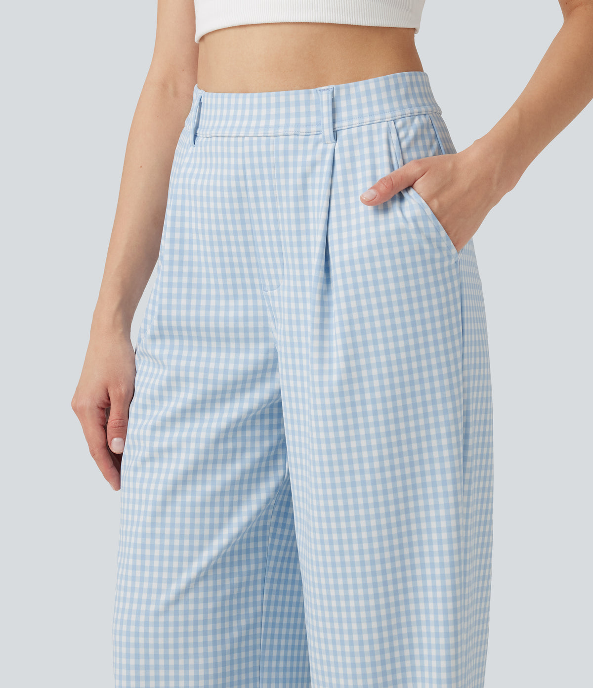 High Waisted Straight Leg Gingham Work Trousers with Pockets — Blueberry Milk Gingham — view 5