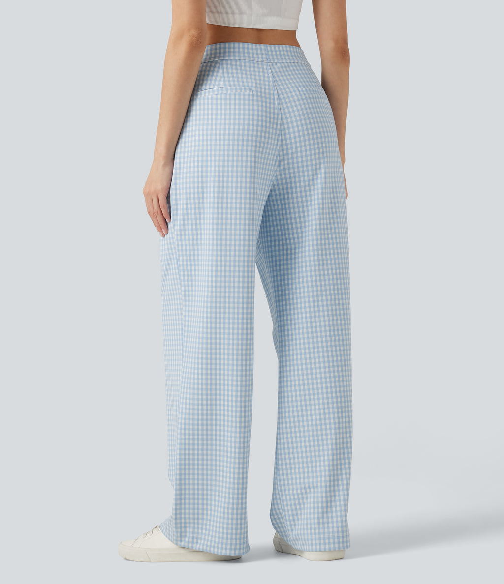 High Waisted Straight Leg Gingham Work Trousers with Pockets — Blueberry Milk Gingham — view 2