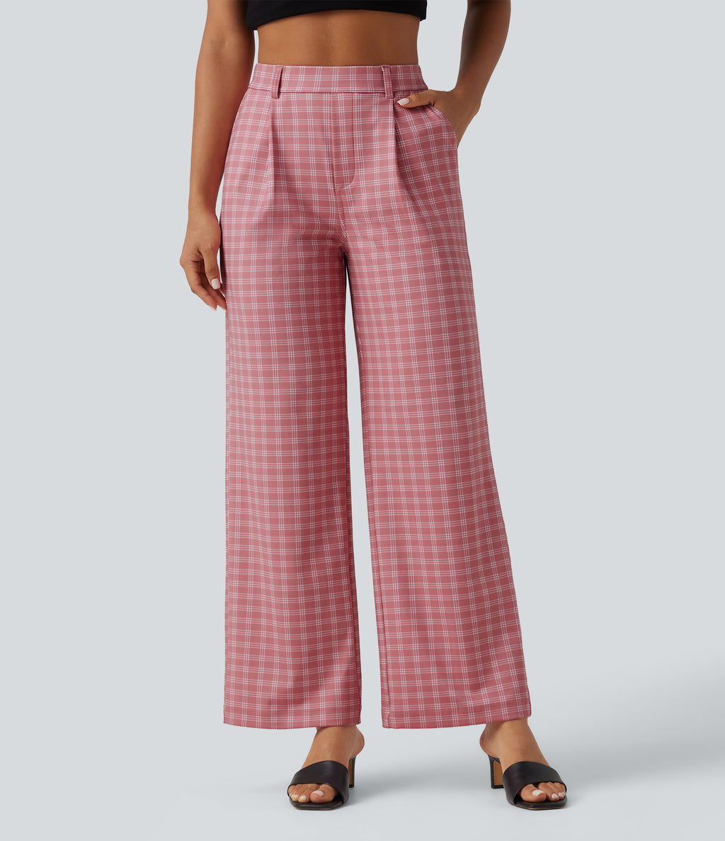 High Waisted Straight Leg Plaid Work Trousers with Pockets — Rosewood Blush Plaid — view 1