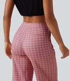 High Waisted Straight Leg Plaid Work Trousers with Pockets — Rosewood Blush Plaid — view 5