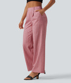High Waisted Straight Leg Plaid Work Trousers with Pockets — Rosewood Blush Plaid — view 3