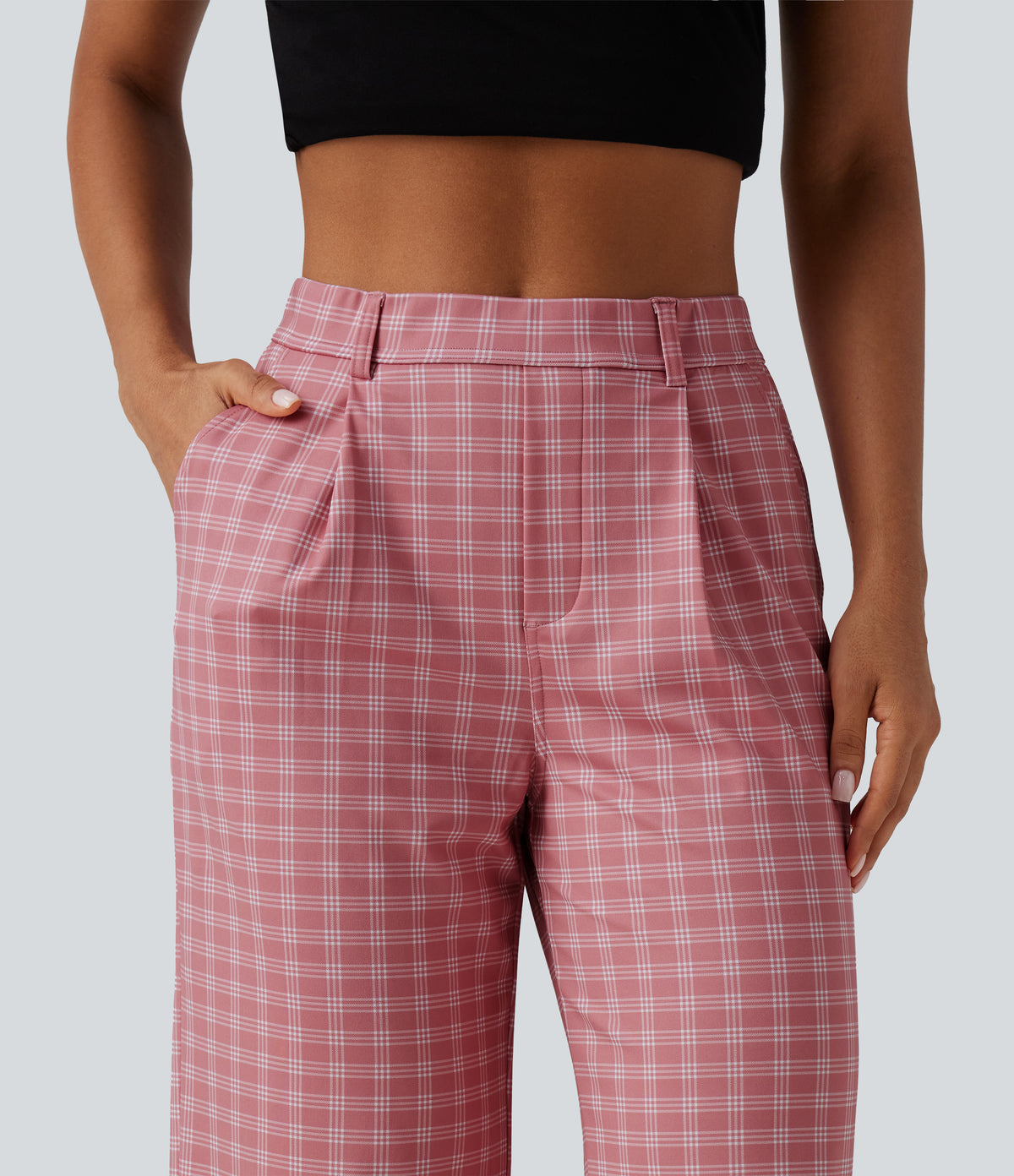High Waisted Straight Leg Plaid Work Trousers with Pockets — Rosewood Blush Plaid — view 4