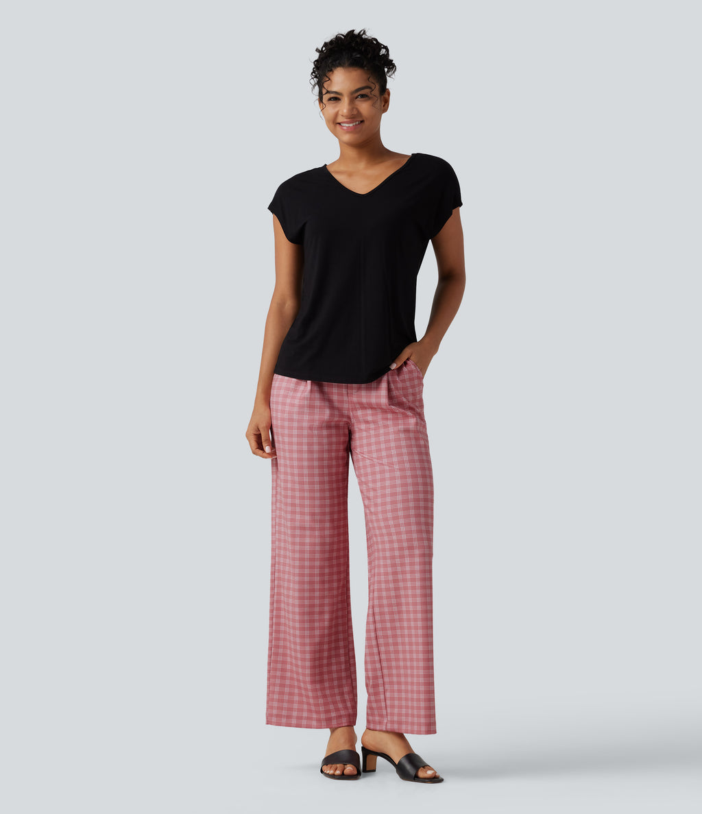 High Waisted Straight Leg Plaid Work Trousers with Pockets — Rosewood Blush Plaid — view 8