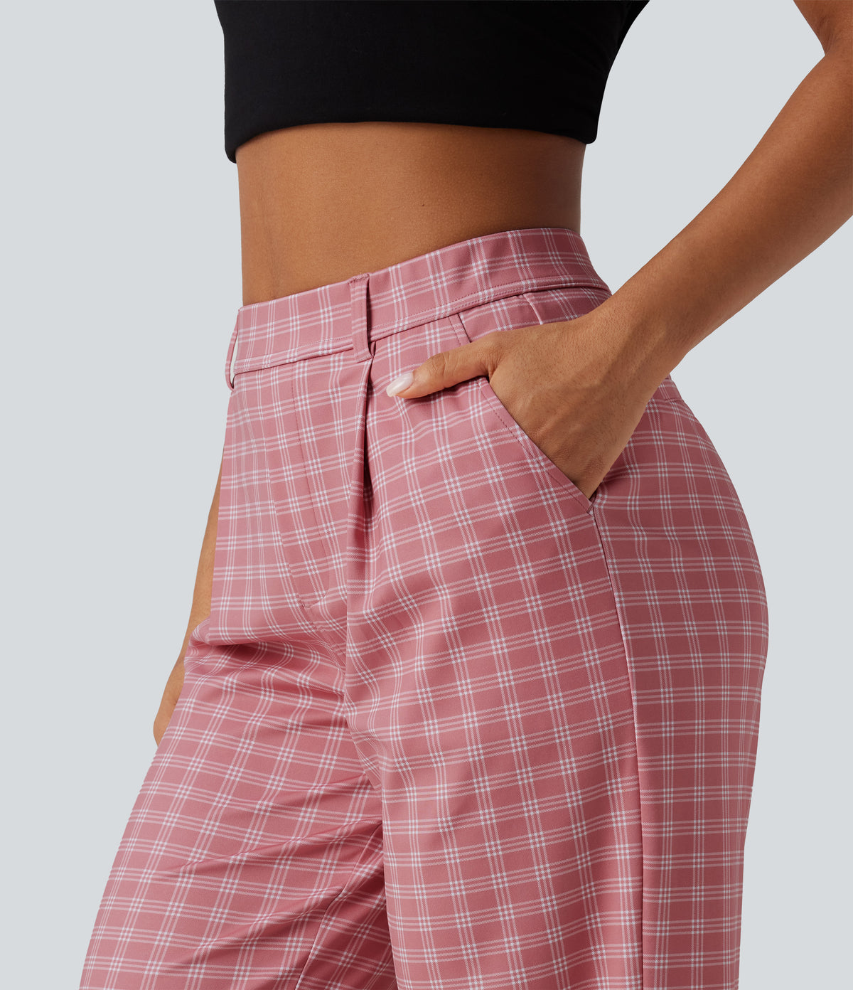 High Waisted Straight Leg Plaid Work Trousers with Pockets — Rosewood Blush Plaid — view 6