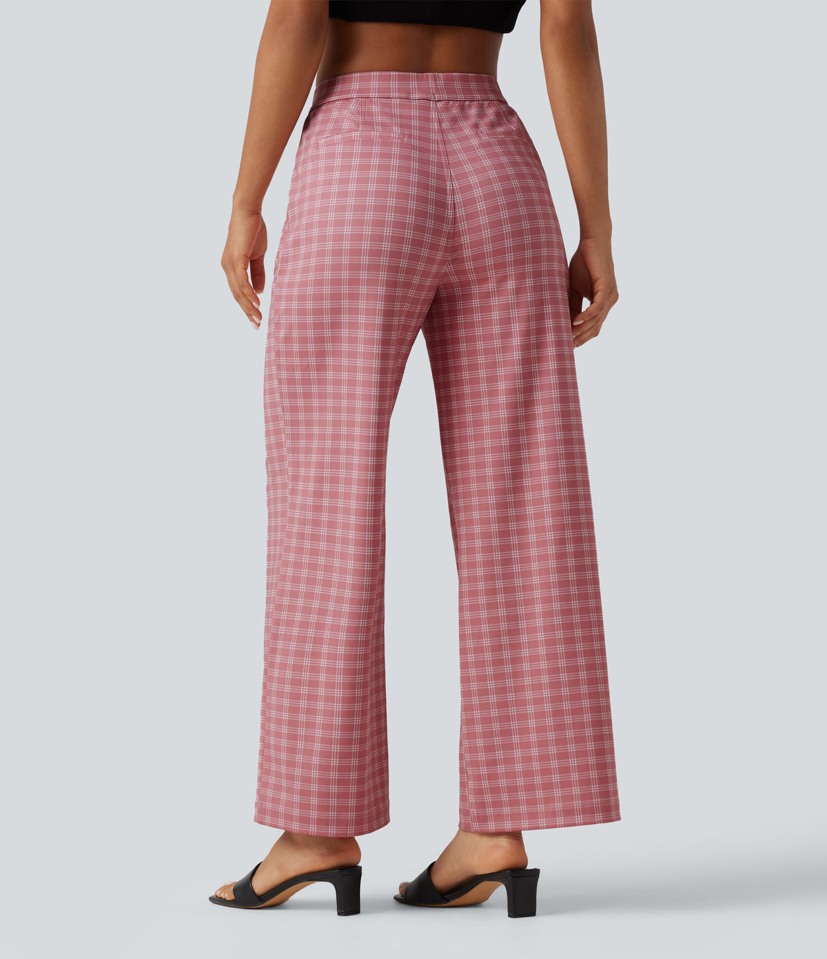 High Waisted Straight Leg Plaid Work Trousers with Pockets — Rosewood Blush Plaid — view 2