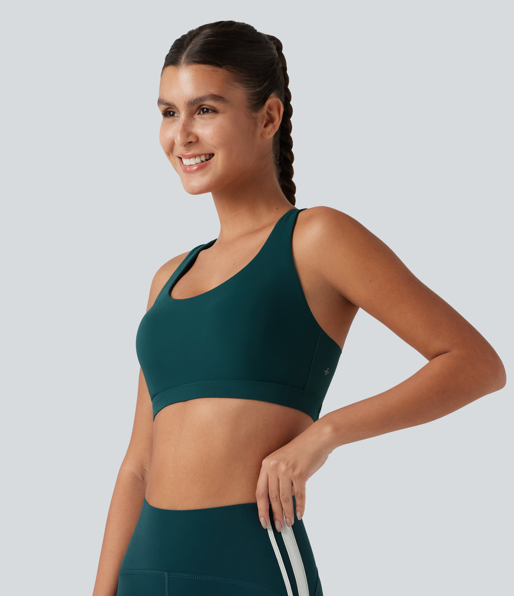 Medium Support U Neck Built-in Bra Racerback Training Sports Bra with Pocket — June Bug — view 3