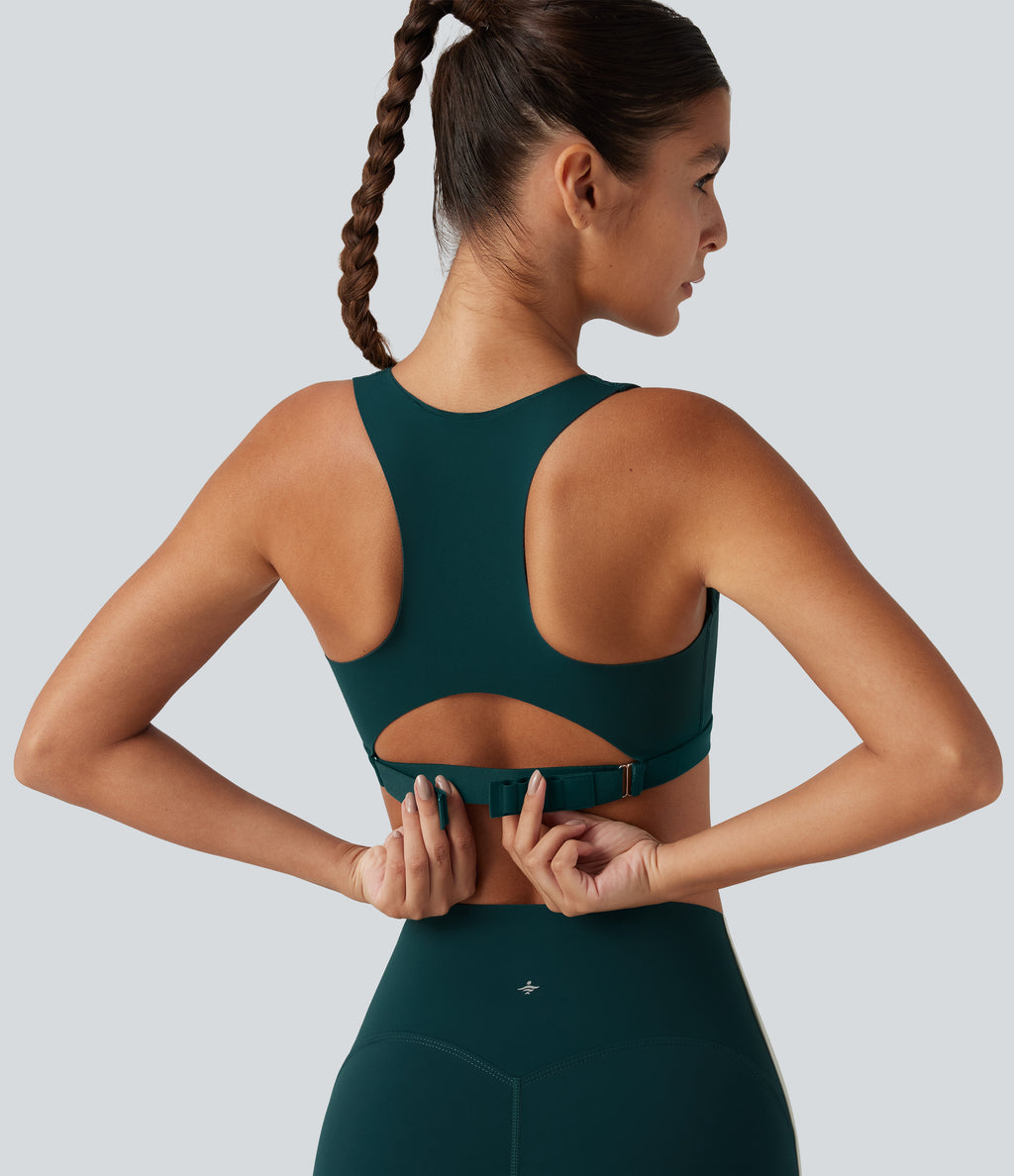 Medium Support U Neck Built-in Bra Racerback Training Sports Bra with Pocket — June Bug — view 5