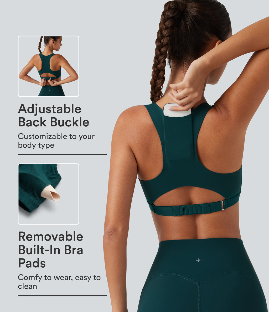 Medium Support U Neck Built-in Bra Racerback Training Sports Bra with Pocket — June Bug — view 1