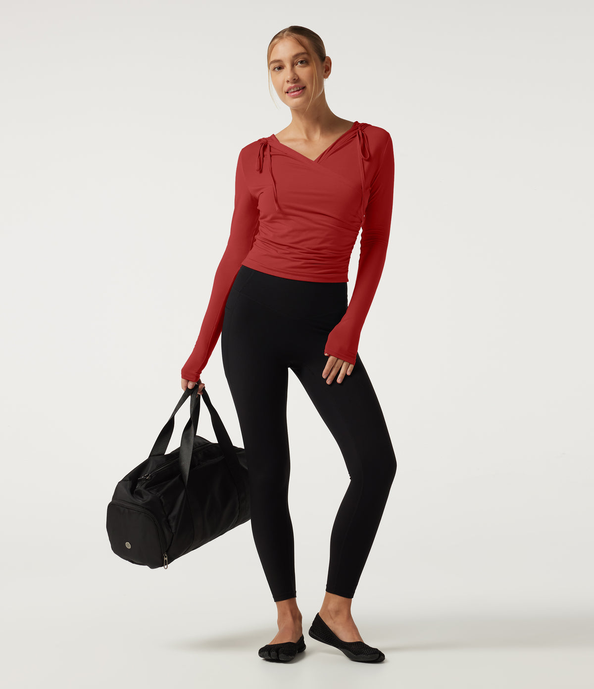 Hooded Long Sleeve Crossover Ruched Yoga Sports Top — Rubicondo — view 8