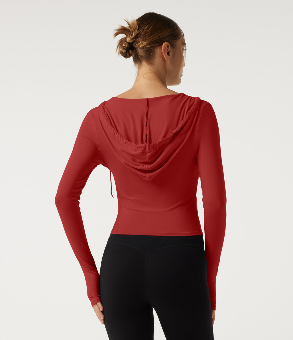 Hooded Long Sleeve Crossover Ruched Yoga Sports Top — Rubicondo — view 2