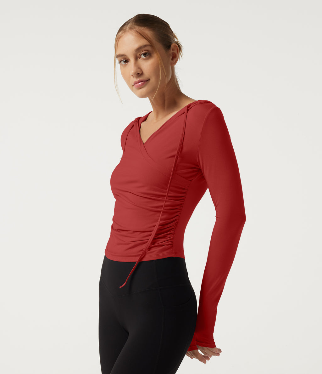 Hooded Long Sleeve Crossover Ruched Yoga Sports Top — Rubicondo — view 3