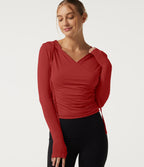 Hooded Long Sleeve Crossover Ruched Yoga Sports Top — Rubicondo — view 1